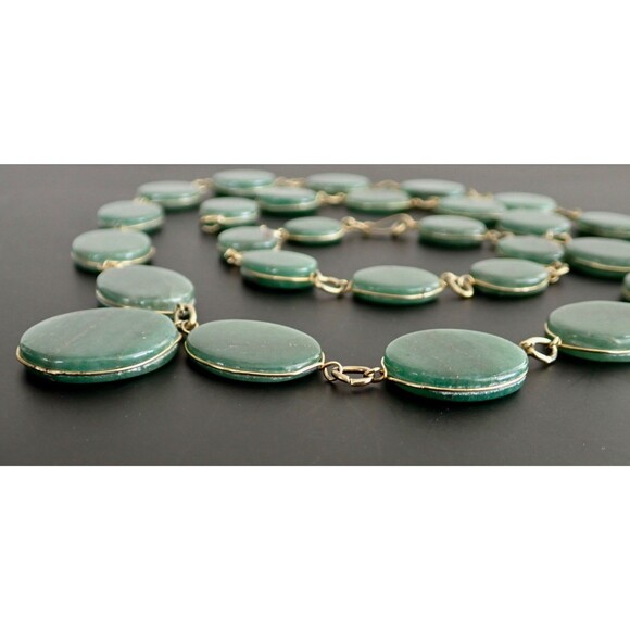 Green Aventurine Necklace & Matching Bracelet Stone Disk Gold Tone Wire Links - Picture 13 of 16